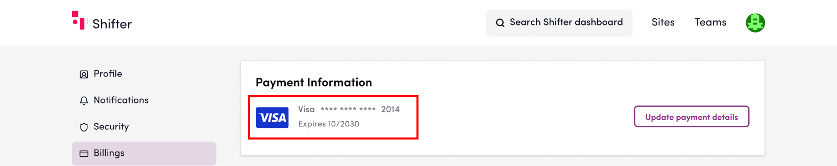 Screenshot: Verify that your credit card information has been updated correctly