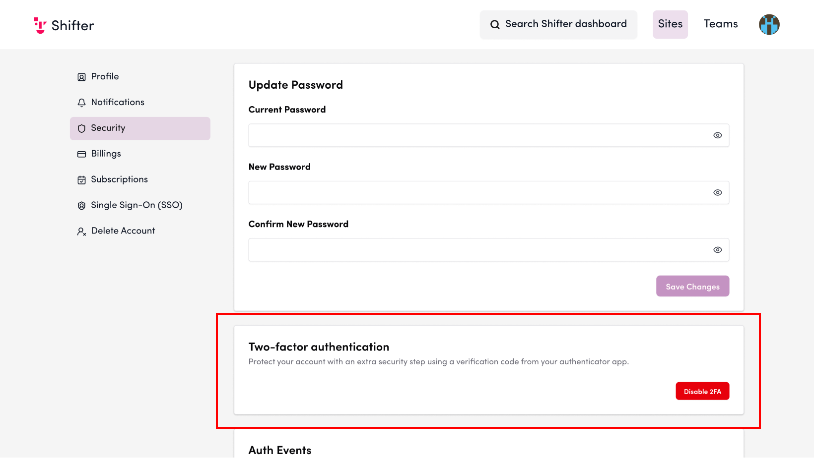 Screenshot: Disable two-factor authentication.