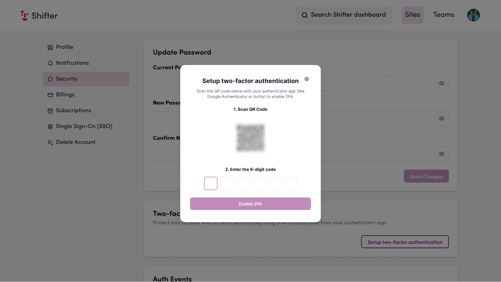 Screenshot: Scan the QR code with your authentication app and enter the 6-digit code displayed.