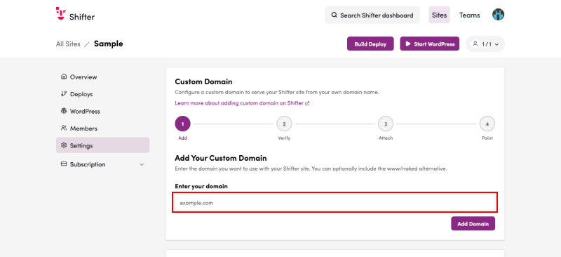 Screenshot: Scroll down to the “Custom Domain” section