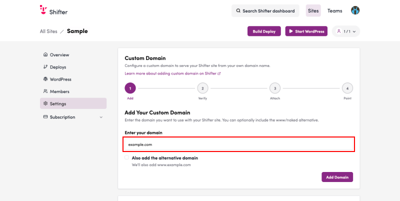 Screenshot: Enter the domain you want to set up
