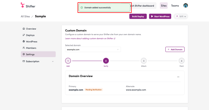 Screenshot: If “Domain added successfully” appears, registration was successful