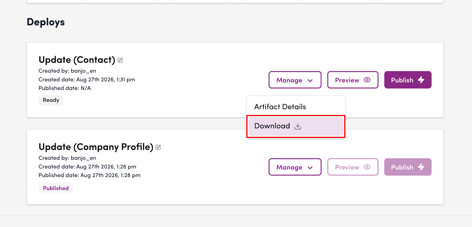 Screenshot: Select the artifact you want to download, and click “Download” from the “Manage” drop-down menu.