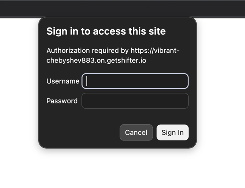 Screenshot: You will be prompted for the Basic Authentication username and password