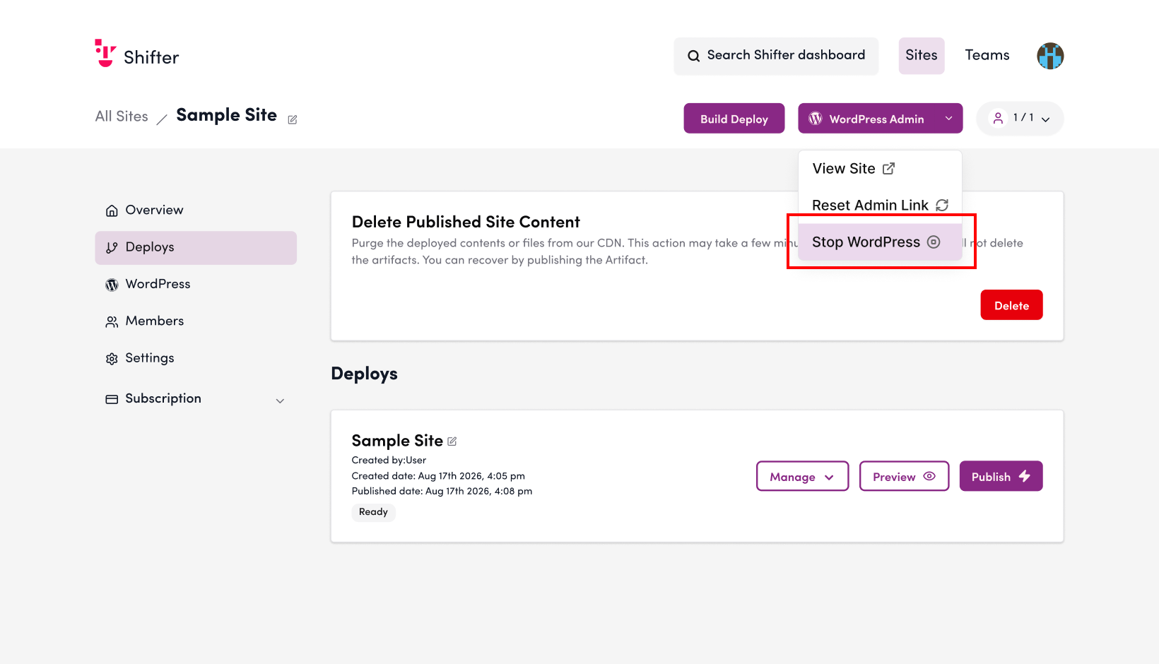 Screenshot: Click “Stop WordPress”