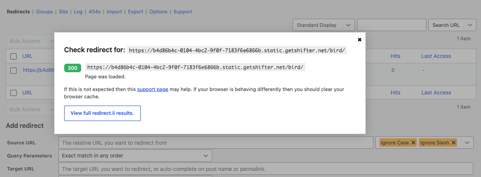 Screenshot: Click the “Test Redirect” button to verify the results of the redirect you configured.