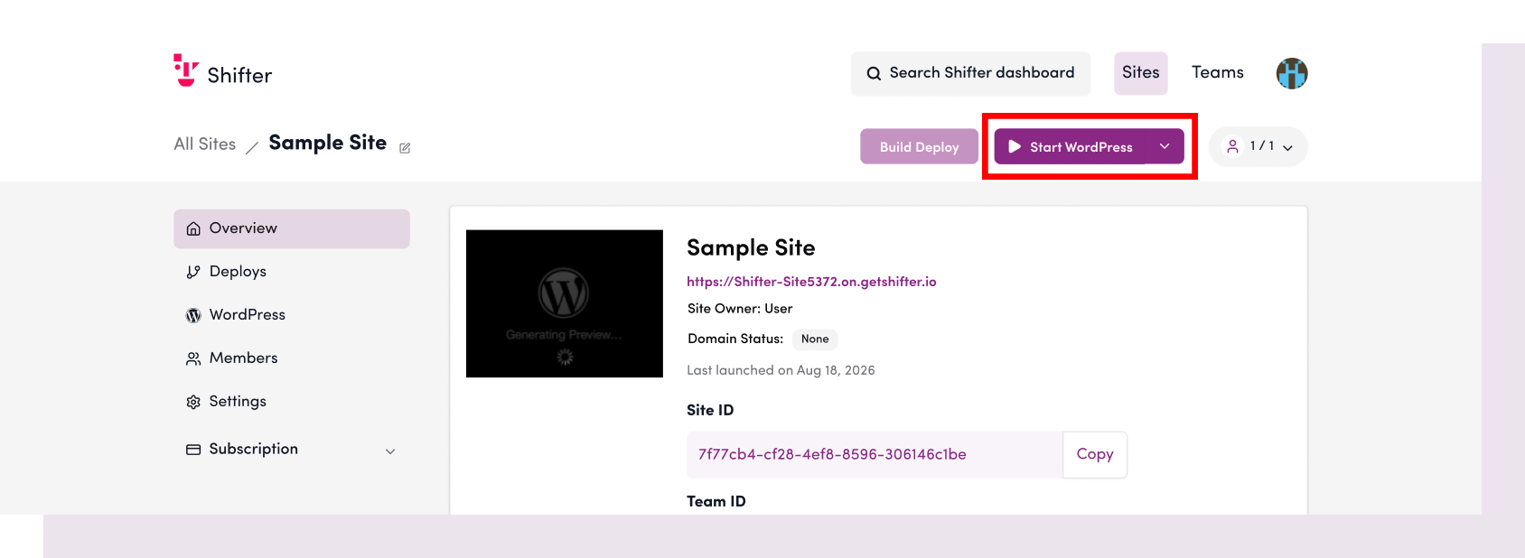 Screenshot: Click “Start WordPress.”