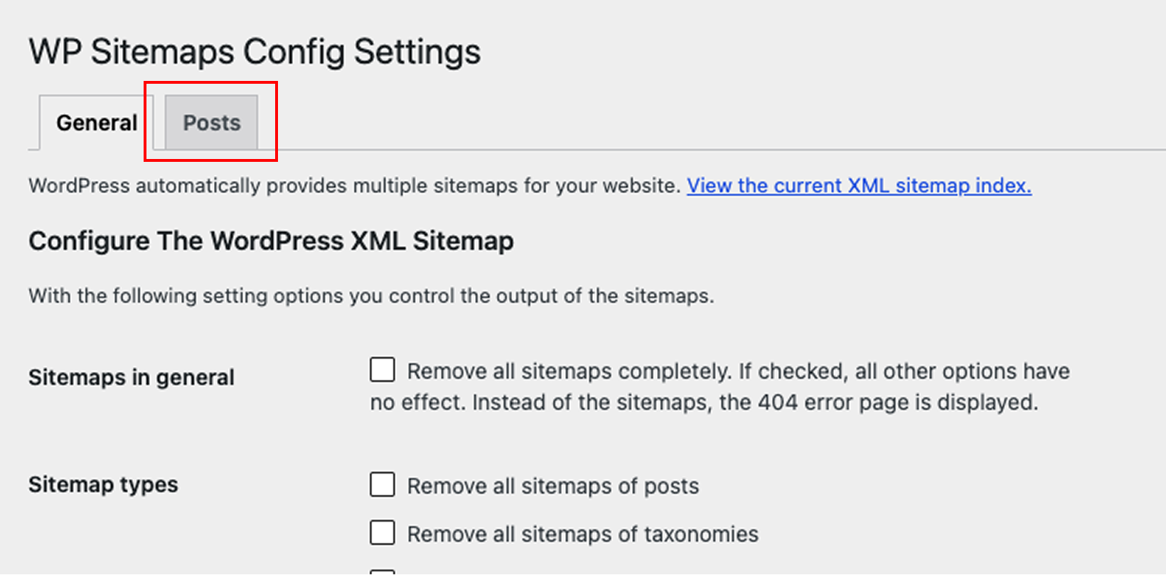 Screenshot: If there are any changes to make, configure them in the “Posts” tab