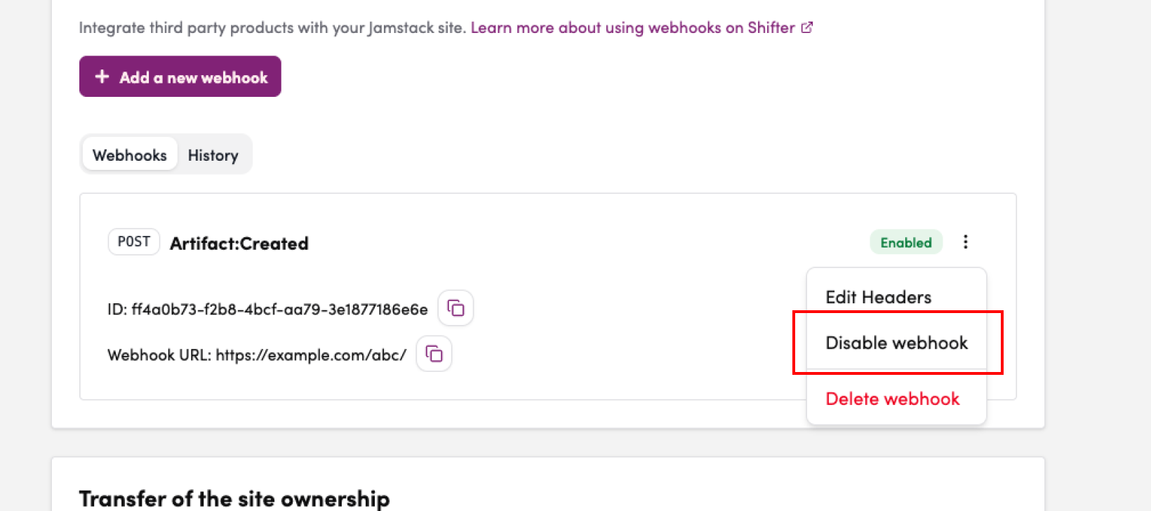 Screenshot: Click “Disable” from the menu for each webhook