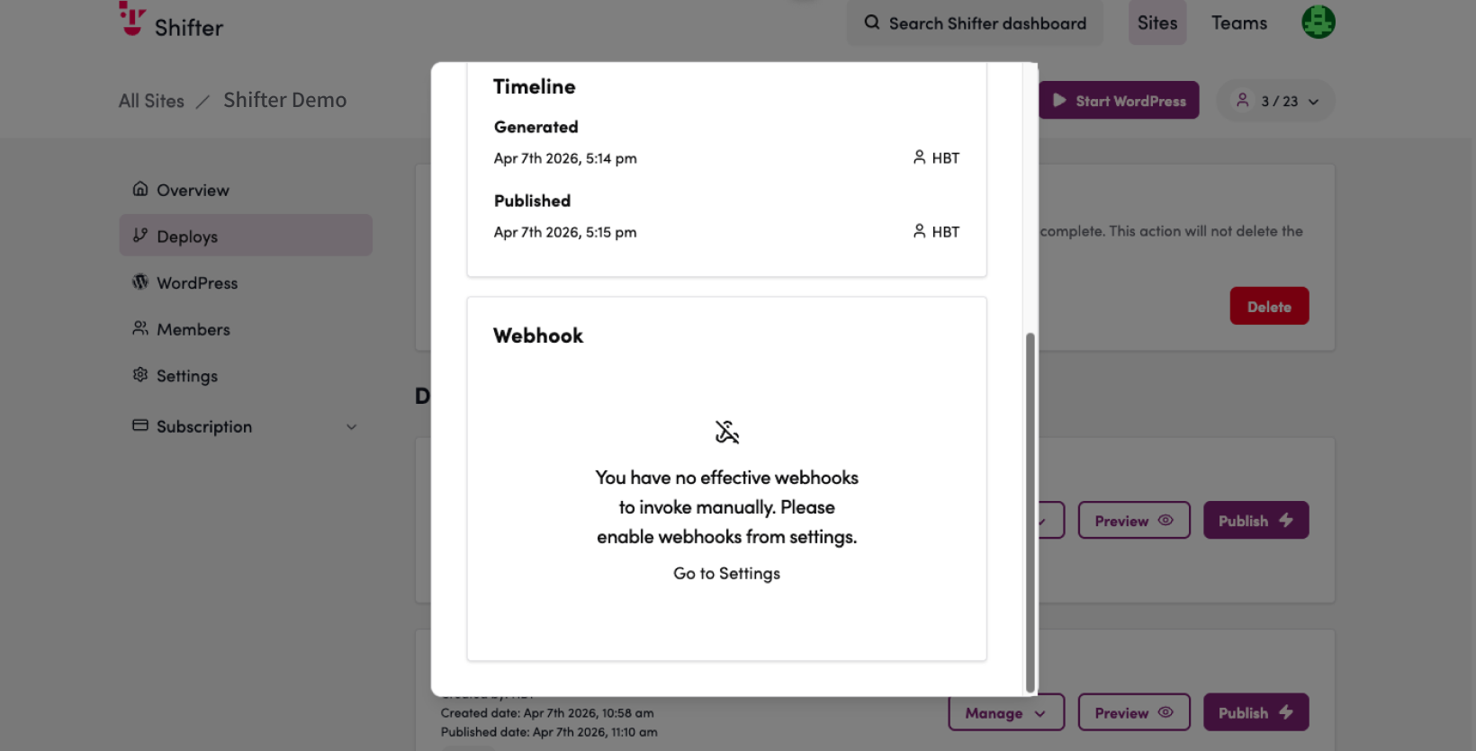 Screenshot: Verify that the message “There are no active webhooks that can be run manually. Please enable webhooks in Settings.” is displayed