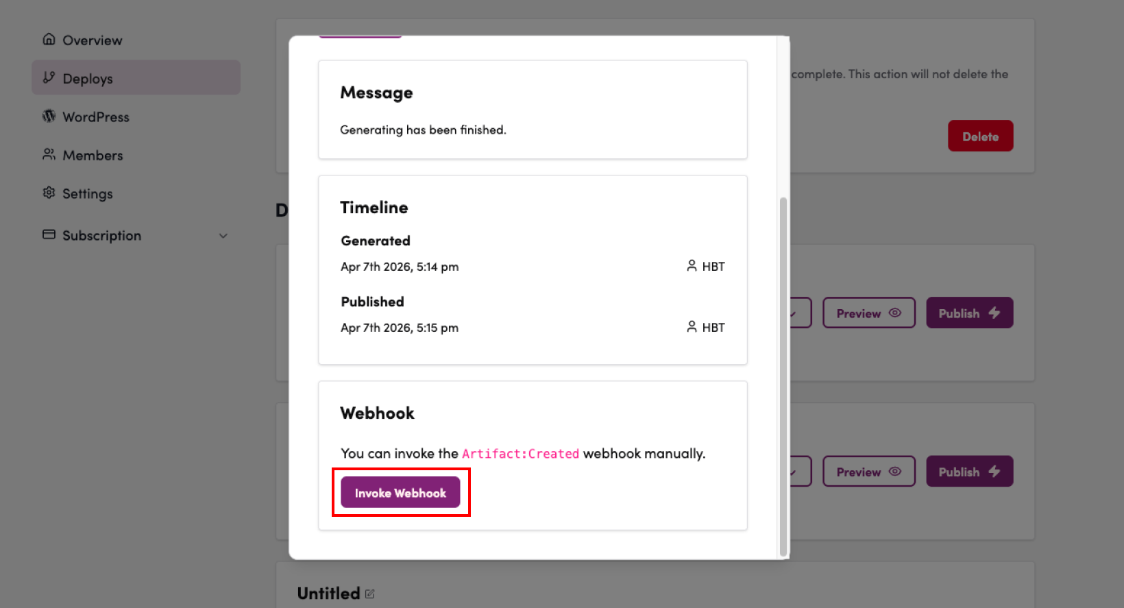 Screenshot: Click “Run Webhook”