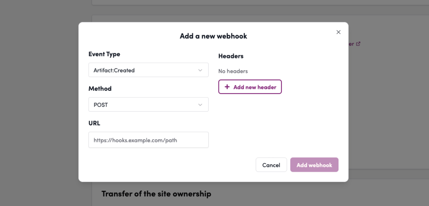 Screenshot: Configure the event type, method, headers, and URL