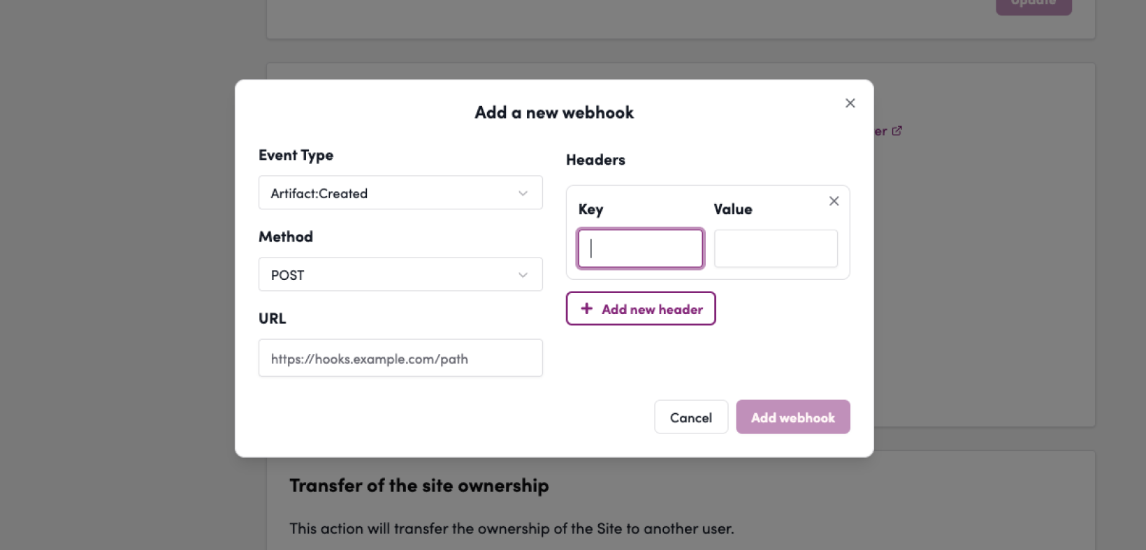 Screenshot: Configure the event type, method, headers, and URL