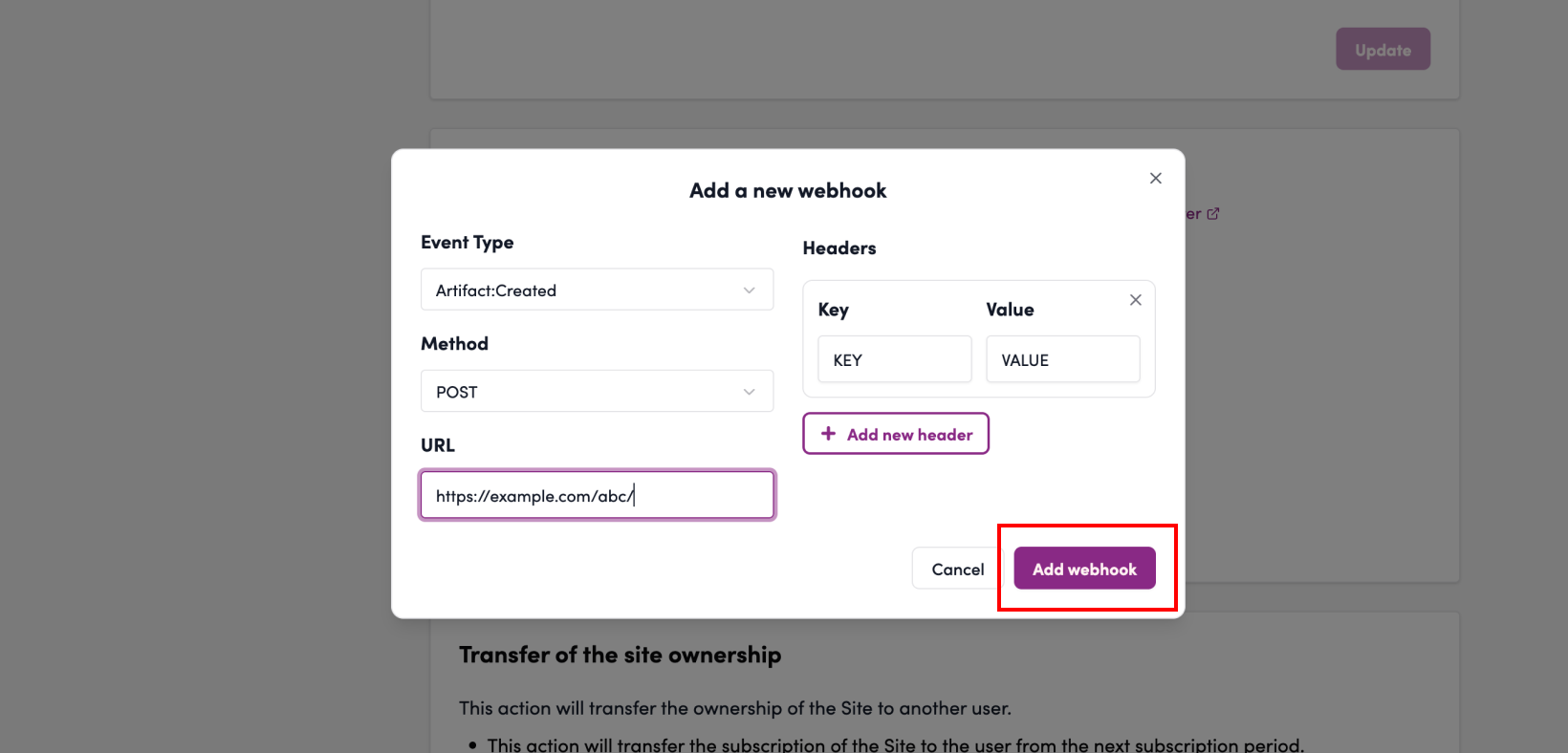 Screenshot: Click “Add Webhook”