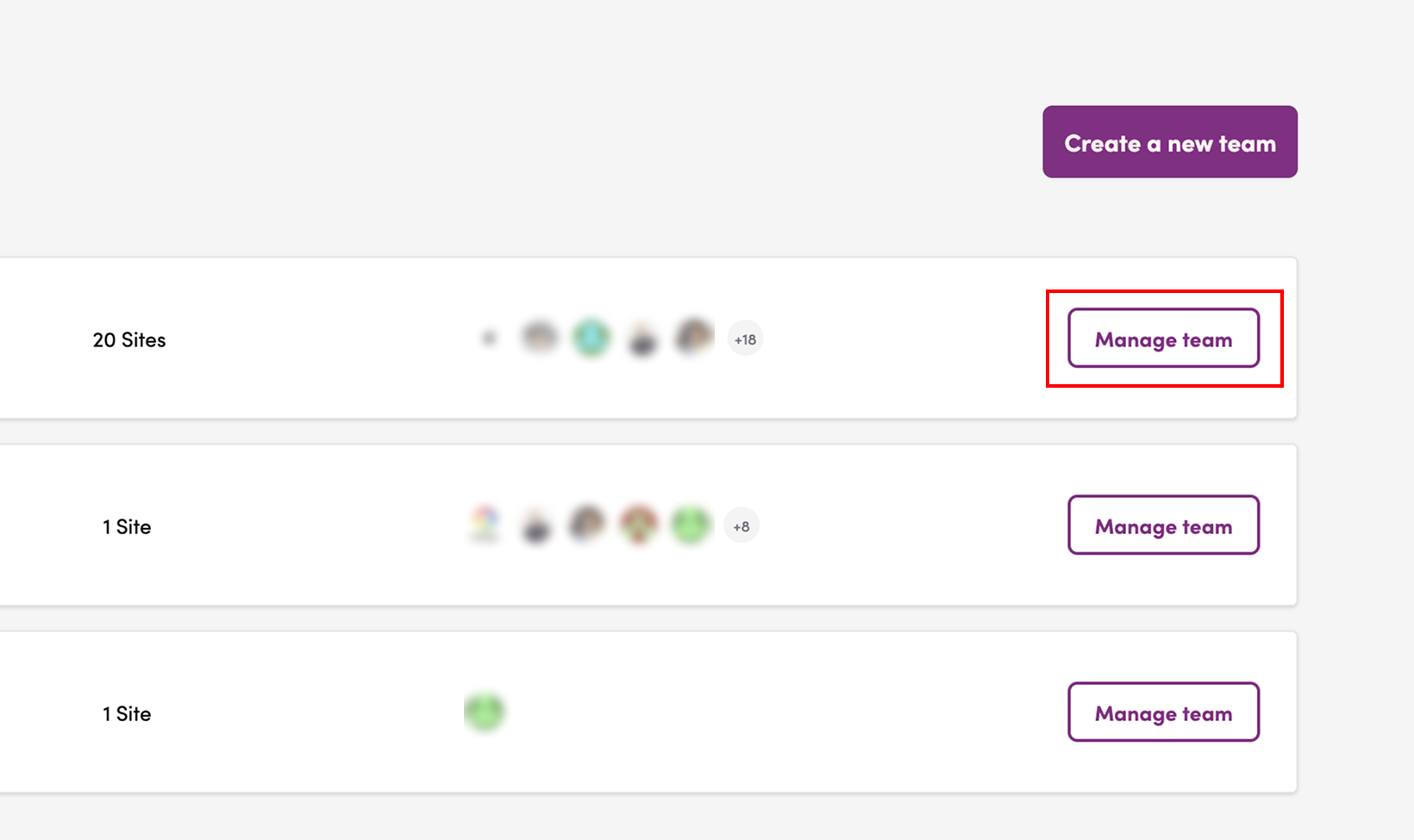 Screenshot: Click “Open Dashboard” for the team you want to add the site to.