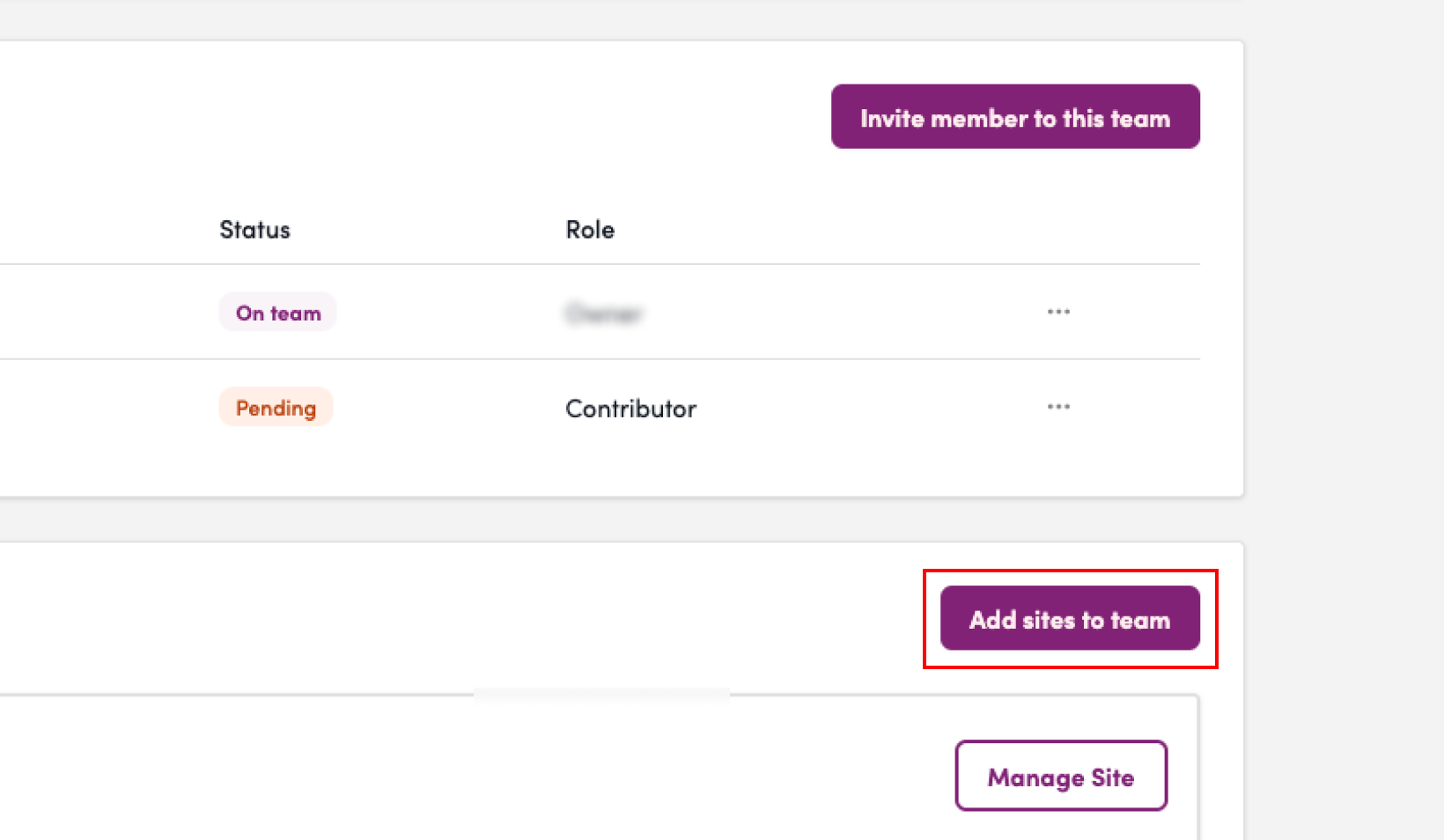 Screenshot: Click “Add a Site to the Team.”
