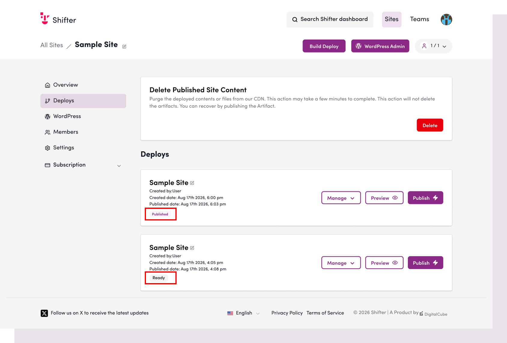 Screenshot: Once published, the status will change to “Published” or “Publishing.”