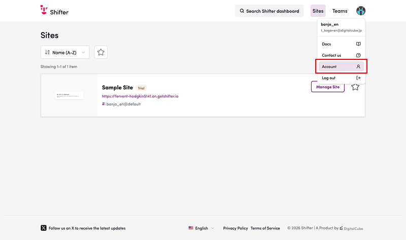 Screenshot: Click the account icon in the upper-right corner of the page and go to “Account.”