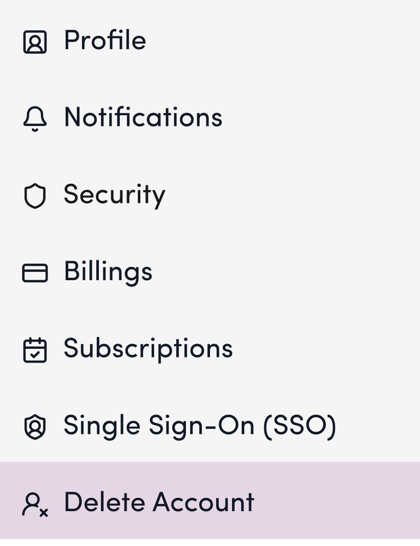 Screenshot: Click “Delete Account” in the left sidebar.