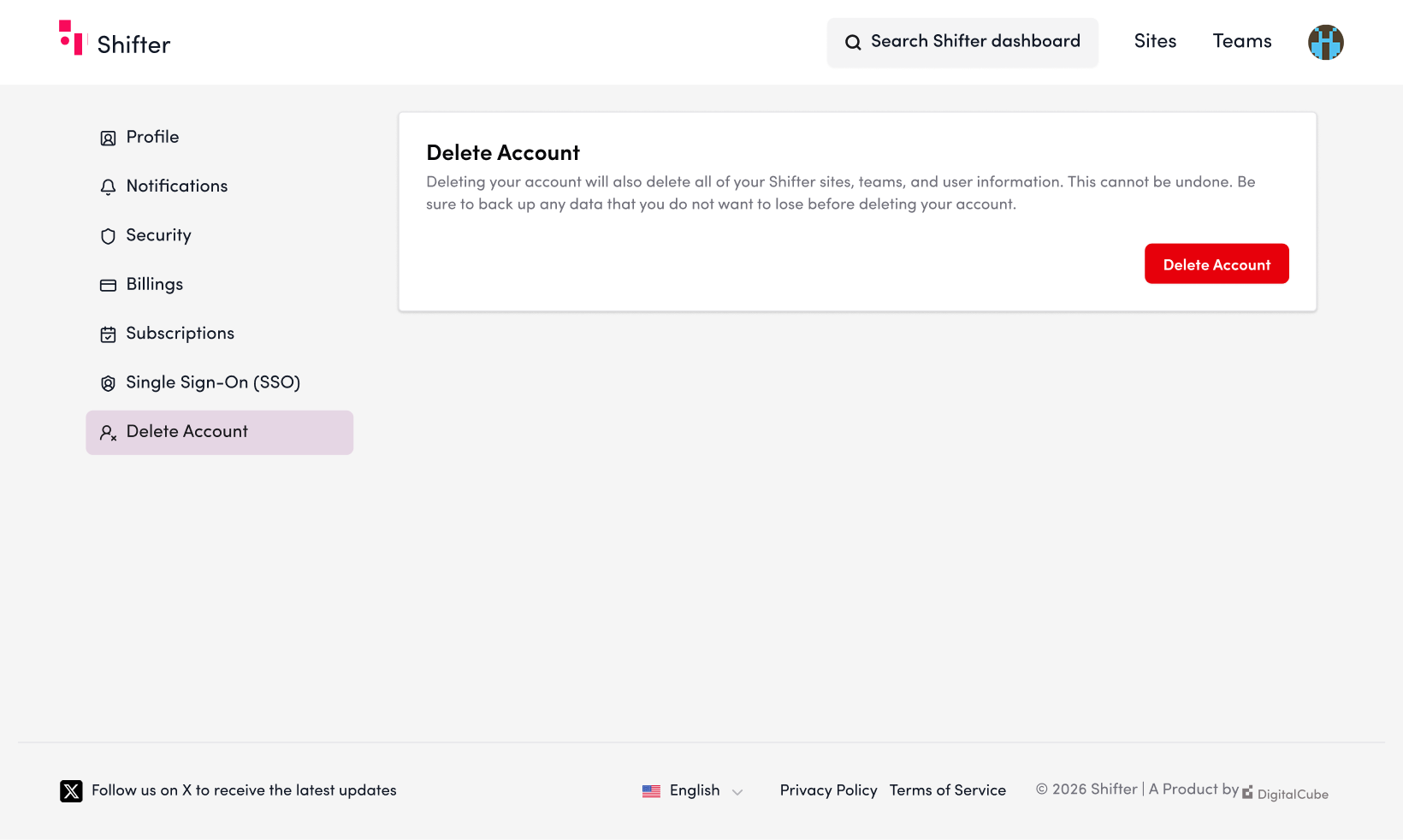 Screenshot: Click the “Delete Account” button.
