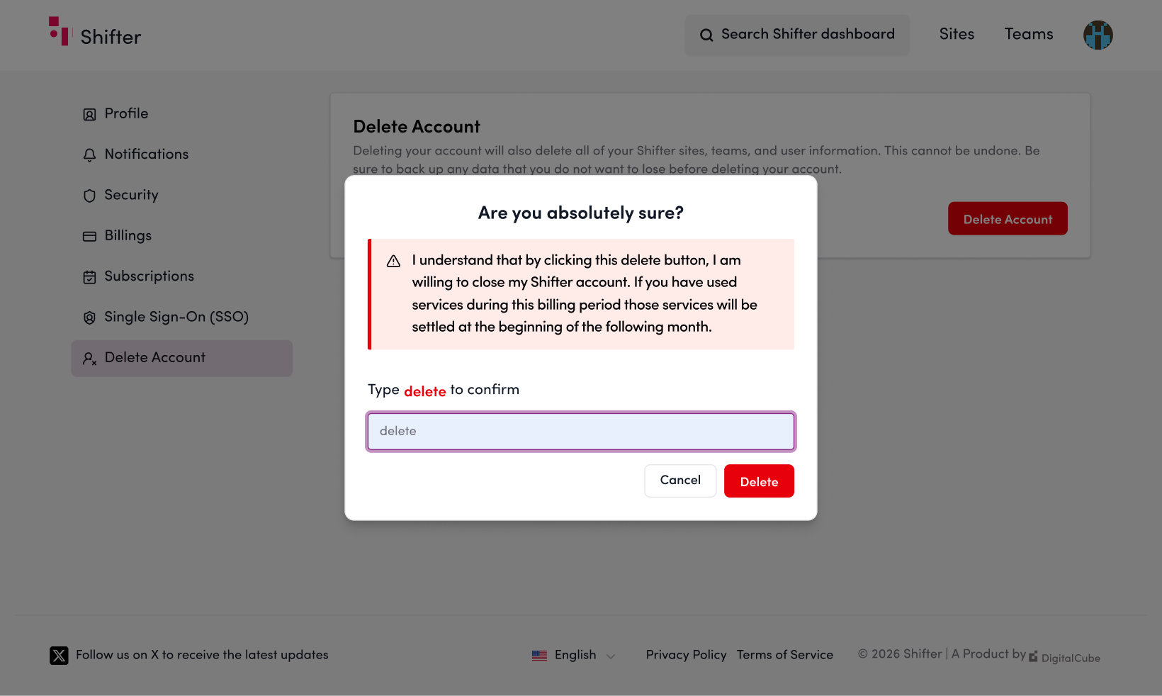 Screenshot: Type “delete” in the confirmation field and click the “Delete” button.