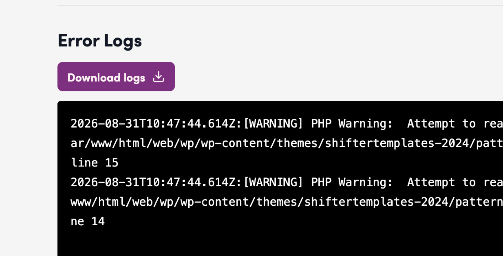 Screenshot: View the error logs in the “Error Logs” section.