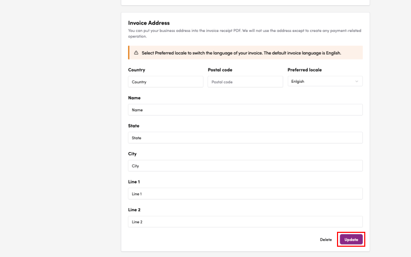 Screenshot: Enter the required information and click the “Update” button at the bottom right of the screen.