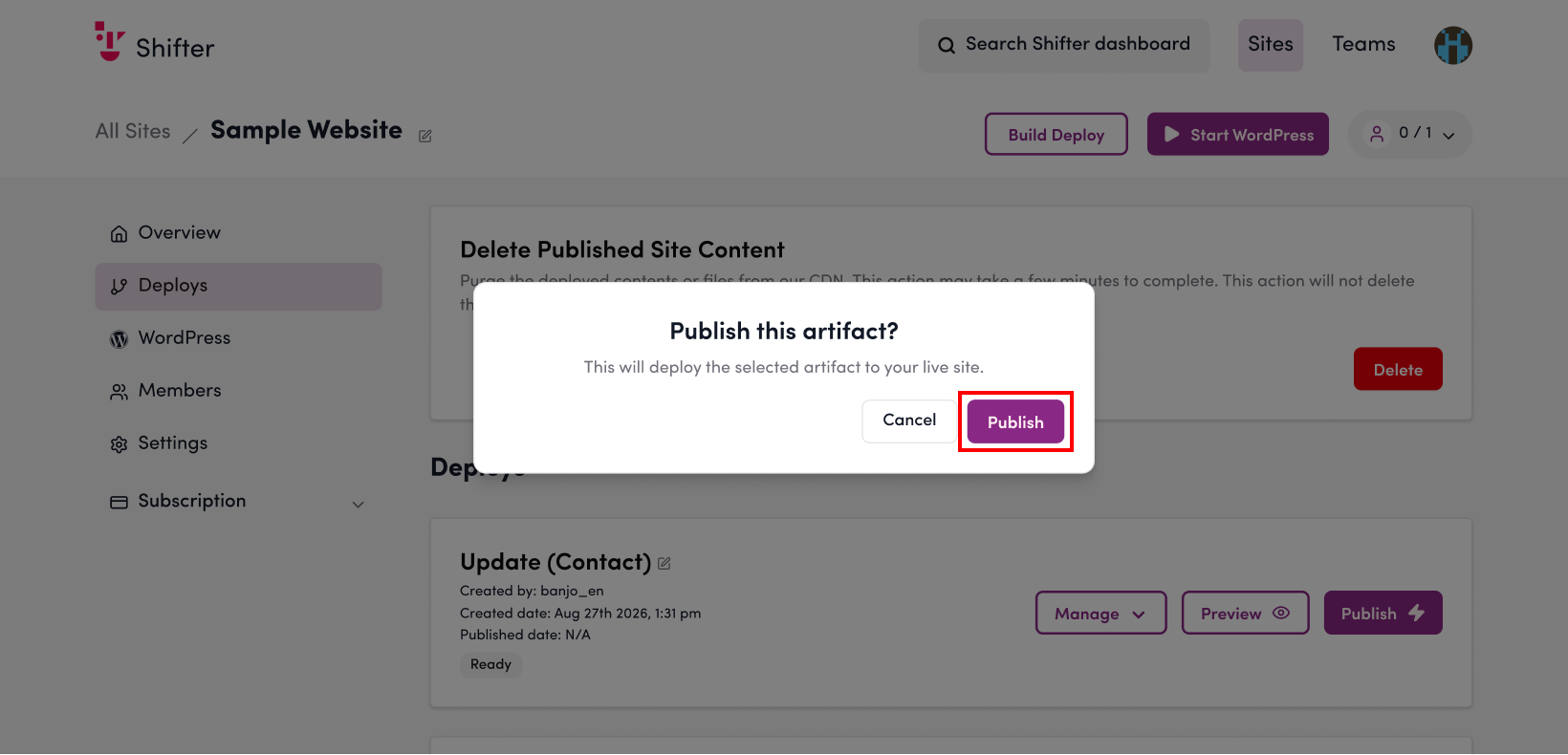 Screenshot: Click the “Publish” button for the artifact you want to republish.
