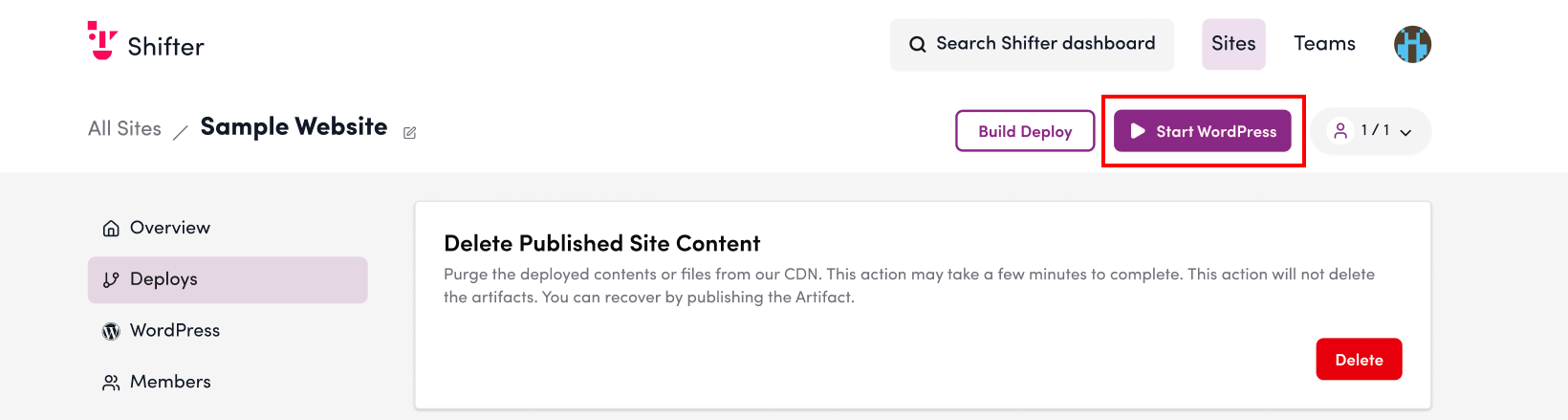 Screenshot: Click “Start WordPress” in the upper-right corner of the screen to launch WordPress.