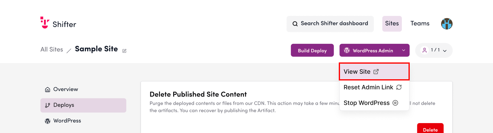 Screenshot: Click “View Site” in the dropdown menu to view the site.