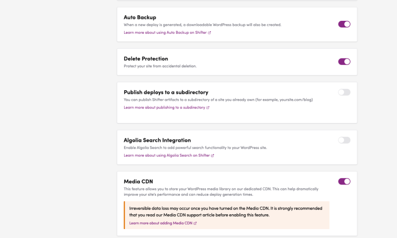 Screenshot: Auto Backup, Deletion Protection, Subdirectory Deployment, Algolia Search, MediaCDN