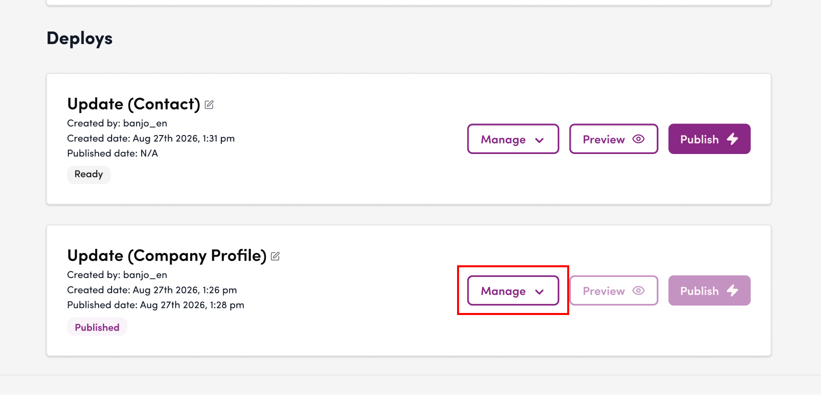 Screenshot: From the list of artifacts with a status of “In Progress,” select the one you want to schedule for publication, then click “Schedule…