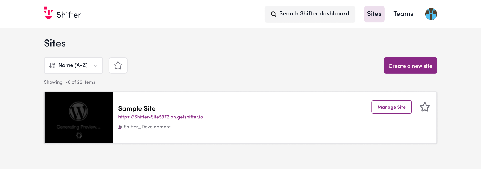 Screenshot: Click “Go to New Site,” or if you remain on this screen for a certain amount of time, you will be redirected to the Shifter dashboard.