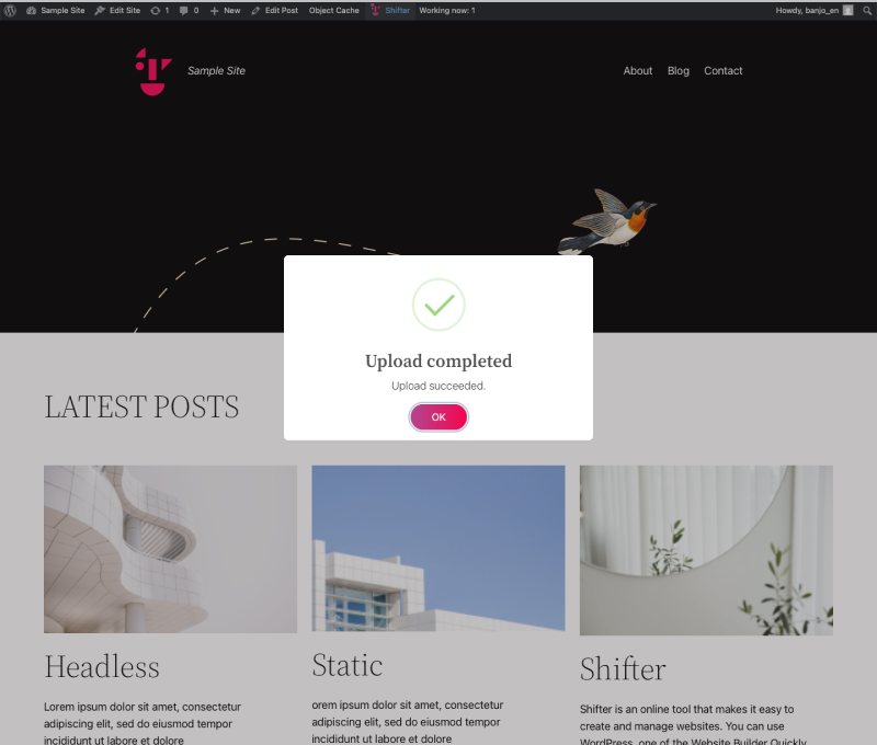 Screenshot: Upload complete. Click [OK] to close the window